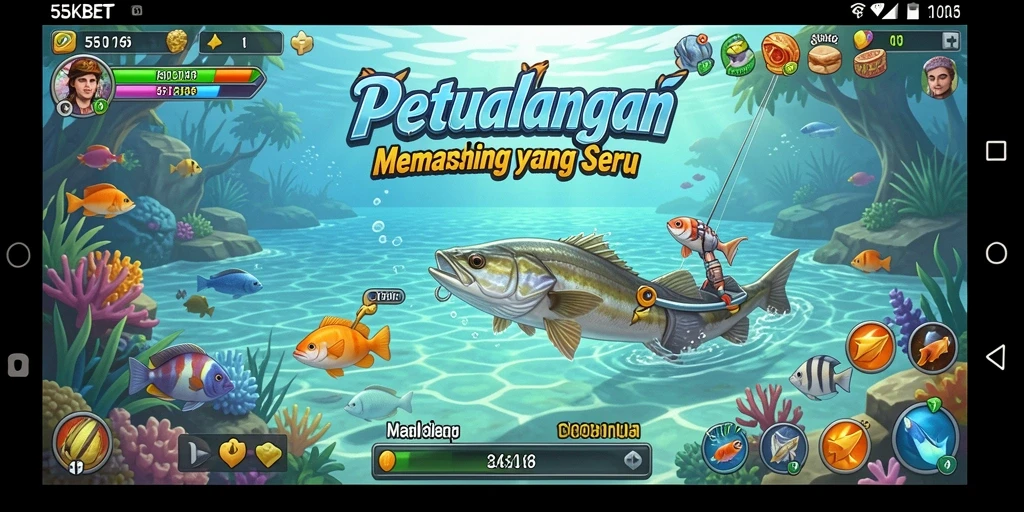 Tampilan gameplay seru saat memancing ikan besar di 55KBET.