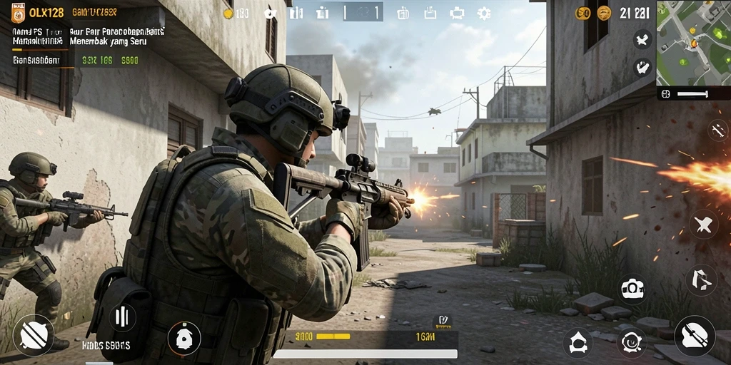 Screenshot OLX128 menunjukkan aksi seru pemain dalam pertempuran FPS.