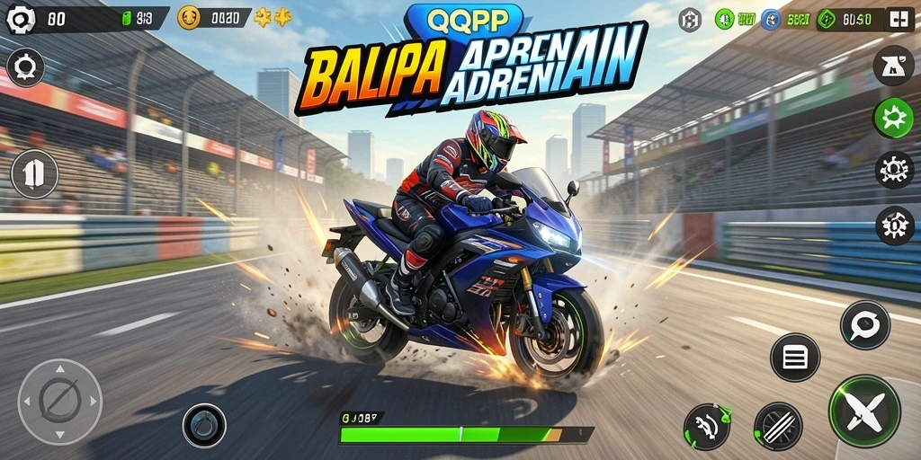 Screenshot gameplay QQRP menampilkan aksi balapan motor yang seru.